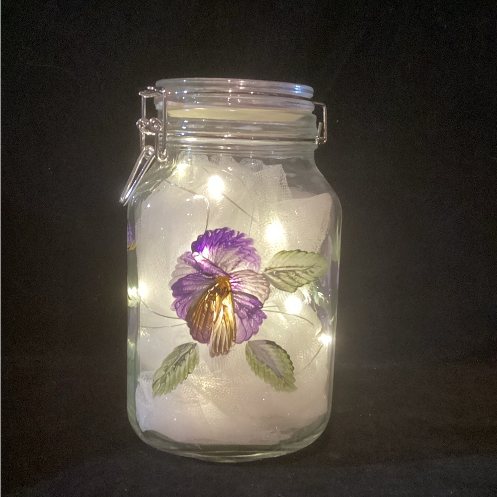 Decorative Glass Jar with Hand Painted Purple Flower and Lights